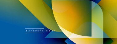 Soyut geometrik şekiller canlı mavileri, sarıları, yeşillikleri harmanlarlar. Modern tasarım katmanlı yarı şeffaf formlar yaratarak dinamik görsel efekt yaratır..