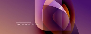 Soyut gradyan şekiller çakışıyor, dinamik görsel etki yaratıyor. Mor, turuncu renkler tasarımda baskın. Mevcut en küçük metin.