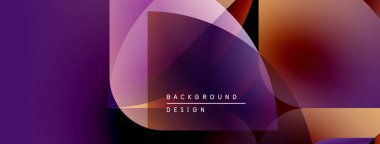 Soyut geometrik şekiller çakışıyor. Mor, turuncu renkler tasarımda baskın. Metin elemanları mevcut modern arkaplan.