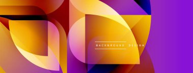 Soyut geometrik şekiller örtüşür, canlı turuncu, sarı ve mor renkler yaratır. Modern tasarım elementleri dinamik görsel deneyim önerir.