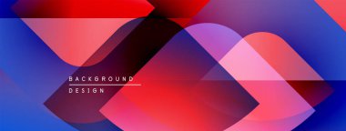 Soyut geometrik şekiller örtüşür, canlı kırmızı, mavi ve pembe renkler yaratır. Arkaplan ve sunumlar için modern tasarım ögesi.
