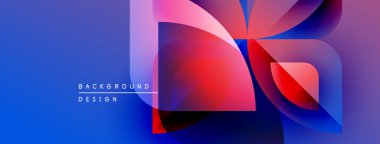 Soyut geometrik şekiller örtüşüyor, canlı renk eğimleri yaratıyor. Mavi arka plan, kırmızı ve pembe renkleri tamamlar. Modern tasarım ögesi.