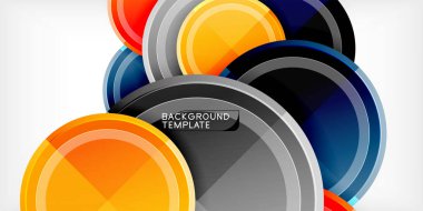 Soyut daireler çakışıyor, dinamik bileşim oluşturuyor. Parlak renkler koyu arkaplanla tezat oluşturur. Modern tasarım ögesi.