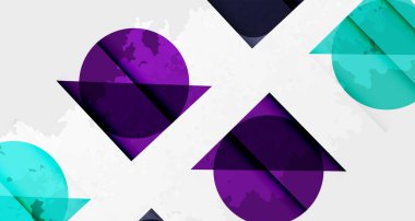 Soyut geometrik şekiller, mor, turkuaz renkler. Katmanlı tasarım modern görsel etki yaratır. Minimalist stil, temiz hatlar.