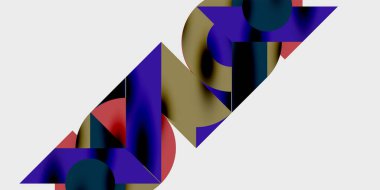 Soyut geometrik şekiller örtüşür, dinamik bileşim yaratır. Renkler arasında mor, kırmızı, altın, deniz mavisi, siyah var. Minimalist tasarım.