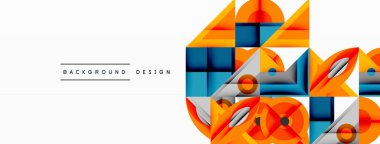 Soyut geometrik şekiller örtüşür ve canlı bir tasarım yaratır. Turuncu, mavi renkler kompozisyona hakim. Modern estetik, temiz çizgiler sunar.