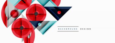 Soyut geometrik şekiller, kırmızı, mavi, beyaz. Modern tasarım elementleri dinamik bileşim yaratır. Temiz çizgiler, minimalist stil..