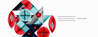Soyut geometrik şekiller, kırmızı, mavi, gümüş renkler. Modern tasarım elementleri dinamik bileşim yaratır. Temiz çizgiler, minimalist stil..