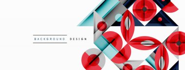 Soyut geometrik şekiller, kırmızı aksanlar, açık mavi tonlar. Modern tasarım elementleri dinamik görsel doku oluşturur. Minimalist stil.