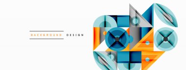 Soyut geometrik şekiller örtüşür ve canlı bir tasarım yaratır. Mavi, turuncu renkler kompozisyona hakim. Modern estetik, temiz çizgiler sunar.