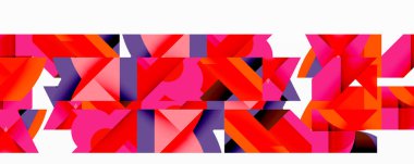 Soyut geometrik bileşim. Canlı pembeler, kırmızılar, morlar dinamik desen oluşturur. Şekiller örtüşür, karmaşık görsel doku oluşturur.