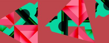 Soyut geometrik bileşim. Kırmızı, turkuaz, siyah şekiller kesişiyor ve dinamik görsel desen oluşturuyor. Minimalist tasarım, modern estetik.