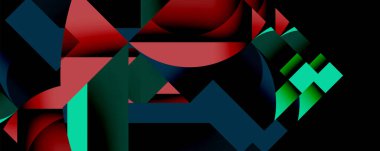 Soyut geometrik şekiller örtüşür, dinamik bileşim yaratır. Teal, kırmızı, koyu mavi baskın tasarım. Yumuşak gradyanlar görsel ilgiyi artırır.