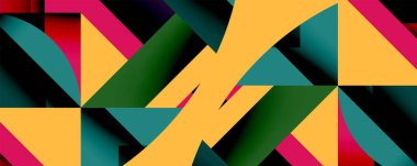 Soyut geometrik şekiller örtüşür, canlı renk zıtlıkları yaratır. Üçgenler bileşime hükmediyor, dinamik hareketi gösteriyor..