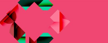 Soyut geometrik şekiller örtüşür, dinamik bileşim yaratır. Pembe zemin kırmızı ve yeşil elementlerle çelişiyor. Modern tasarım.