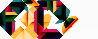 Soyut geometrik bileşim. Şekiller çakışıyor, dinamik görsel etki yaratıyor. Renkler arasında turuncu, yeşil, mor, koyu renkler vardır. Modern tasarım.