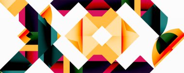 Soyut geometrik bileşim. Canlı renkler, keskin açılar, dinamik şekiller modern görsel deneyimler yaratır. Simetri mevcut.