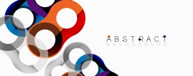 Modern soyut tasarım. Üst üste binen renkli çemberler dinamik görsel efekt yaratır. Temiz beyaz arkaplan şekilleri geliştirir.