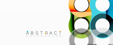 Modern soyut tasarım renkli çakışan daireler, kareler içerir. Temiz beyaz arkaplan karşıtlık ve basitlik sağlar.