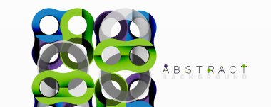 Modern soyut tasarım. Renkli kesişen daireler dinamik desenler oluşturur. Parlak yeşil, mavi renkler kompozisyona hakim. Minimalist estetik.