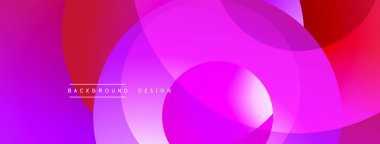 Soyut, canlı daireler örtüşüyor, dinamik pembe, mor, kırmızı gradyanlar yaratıyor. Metin arka plan tasarımı okur. Modern görsel element.