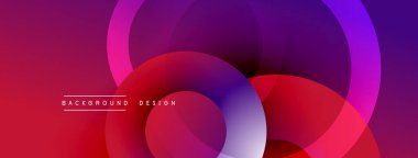 Soyut, enerjik çemberler çakışıyor ve gradyan etki yaratıyor. Kırmızı, mor renkler tasarıma egemen, modern estetik. Arkaplan metni mevcut.