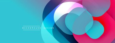 Soyut enerjik şekiller örtüşür, dinamik bileşim yaratır. Turkuaz baskın, pembeler, maviler, beyazlar aksanlı. Modern tasarım ögesi.