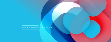 Soyut kompozisyon. Üst üste binen daireler, canlı maviler, kırmızılar, beyazlar dinamik görsel efekt yaratır. Modern tasarım ögesi.