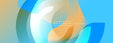 Soyut sıvı şekilleri örtüşür, dinamik renkli bileşim yaratır. Açık mavi turuncu aksanla baskın gelir. Modern tasarım ögesi.