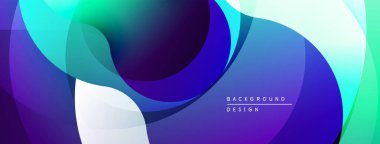 Soyut akışkan şekiller, canlı maviler, yeşiller, morlar dinamik bir zemin oluşturur. Modern tasarım, pürüzsüz eğimler, katmanlı biçimler.