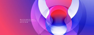 Soyut çemberler çakışıyor, canlı gradyanlar yaratıyor. Pembe, mor, mavi renkler kompozisyona hakim. Modern tasarım ögesi.