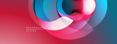 Soyut çemberler çakışıyor, canlı gradyanlar yaratıyor. Kırmızı, mavi, pembe renkler tasarımda baskın. Modern, dinamik kompozisyon.