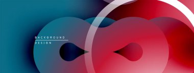 Soyut tasarım özellikleri üst üste binen daireler, gradyanlar. Mavi kırmızıya geçişler, modern görsel efektler yaratıyor. Minimalist kompozisyon.