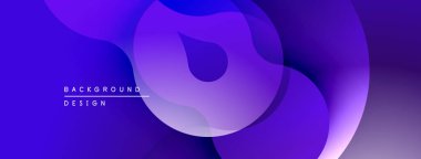 Soyut sıvı şekiller, mor renkler, modern tasarım. Gradyan arka plan dinamik görsel efekt yaratır. Düz eğriler, üst üste binen katmanlar.