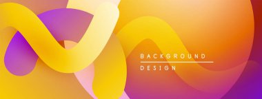 Soyut sıvı şekiller, canlı renklerin karışımı. Turuncu, sarı, mor dinamik bileşim yaratır. Modern tasarım ögesi.