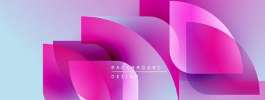 Soyut geometrik şekiller örtüşüyor, canlı pembe, mor renkler yaratıyor. Açık mavi arka plan derinlik ekler, modern hissi. Tasarım metni içerir.