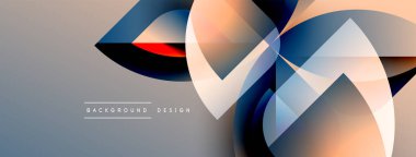 Soyut geometrik şekiller örtüşür, dinamik bileşim yaratır. Yumuşak gradyanlar mavileri, portakalları, beyazları harmanlarlar. Modern tasarım ögesi.