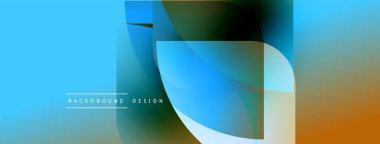 Soyut tasarım, üst üste binen şekiller, canlı mavi renkler, turuncu gradyan. Modern estetik, temiz çizgiler, uygun arkaplan ögesi.