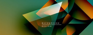 Soyut geometrik şekiller harmanlanarak dinamik görsel doku oluşturur. Yeşil, turuncu, kahverengi renkler kompozisyona hakim. Modern tasarım ögesi.