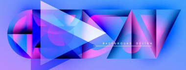Soyut geometrik şekiller canlı mor, mavi renkleri harmanlarlar. Modern tasarım üst üste binen üçgenler, daireler, gradyanlar içerir. Metin arkaplan tasarımı okur.