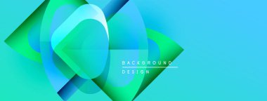 Soyut tasarım özellikleri üst üste binen şeffaf şekiller. Canlı mavi, yeşil renkler dinamik görsel efekt yaratır. Modern, temiz estetik.
