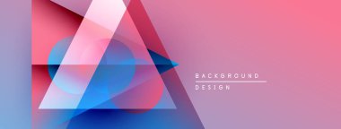 Soyut geometrik şekiller örtüşür, canlı pembeler, maviler, morlar yaratır. Gradyan arka plan derinlik ekler, modern estetik.