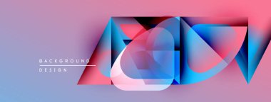 Soyut geometrik şekiller örtüşüyor, canlı renk eğimleri yaratıyor. Tasarım mavi, pembe, mor renklere sahiptir. Modern estetik.