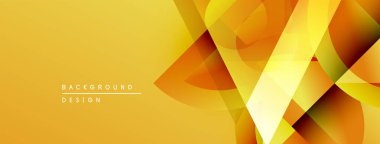 Soyut geometrik şekiller örtüşüyor, parlak sarı, turuncu renkler yaratıyor. Tasarım dinamik çizgiler, modern estetik.
