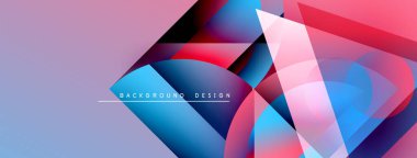 Soyut geometrik şekiller örtüşüyor, canlı renk eğimleri yaratıyor. Pembe, mavi, kırmızı renkler tasarımda baskın. Modern estetik.