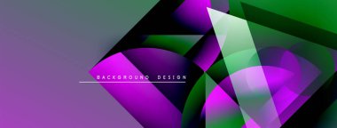 Soyut geometrik tasarım. Üst üste binen şekiller dinamik mor, yeşil eğimler yaratır. Dijital projeler için modern arkaplan.