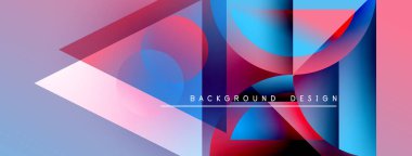 Soyut geometrik şekiller örtüşüyor, canlı renk eğimleri yaratıyor. Modern tasarım mavi, pembe ve mor renklere sahiptir. Metin arkaplan tasarımı okur.