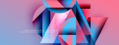 Soyut geometrik şekiller canlı renkleri harmanlarlar. Pembe, mavi, mor renkler modern tasarım yaratır. Metin arkaplan tasarımı okur.