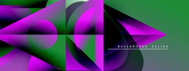 Soyut geometrik şekiller canlı mor, yeşil renkleri harmanlarlar. Modern tasarım akış çizgileri, gradyanlar, siyah arkaplan.