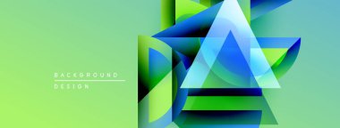 Soyut geometrik şekiller örtüşür, canlı katmanlı tasarım yaratır. Yeşil arkaplan mavi, sarı renkleri tamamlar. Modern estetik.